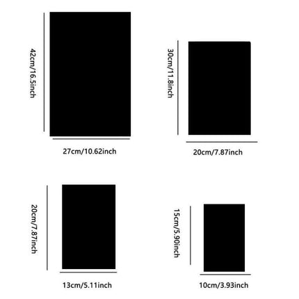 Set Of 4 Self Adhesive Right Angle Acrylic Mirror Wall Stickers showing four size diagrams with dimensions 42x27cm, 30x20cm, 20x13cm, 15x10cm