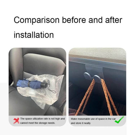 Tesla Model Y Passenger Glove Box Hook For Easy Access showing before-and-after installation with neat storage of small items