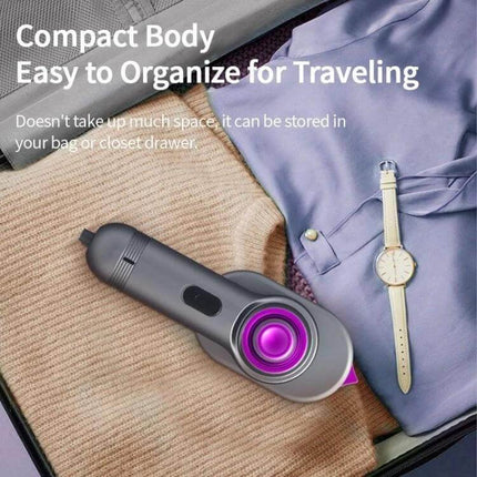 Mini Garment Steamer With Folding Iron, Anti-Scald, EU/US Plug compact travel steamer shown in suitcase refreshing shirts and sweaters