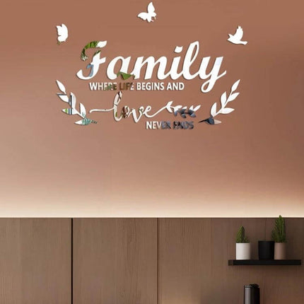 Familylove Stereoscopic Mirror Wall Sticker For Home Decor - acrylic reflective wall decal reading 'Family where life begins and love never ends'