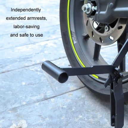 Foldable Motorcycle Lifting Frame for Rear Wheel Support showing iron rear wheel armrest engaged under motorcycle wheel for stable maintenance