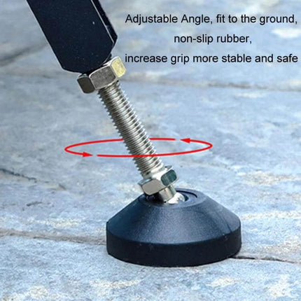 Foldable Motorcycle Lifting Frame for Rear Wheel Support showing adjustable non-slip rubber foot and threaded height adjustment for stable rear wheel support