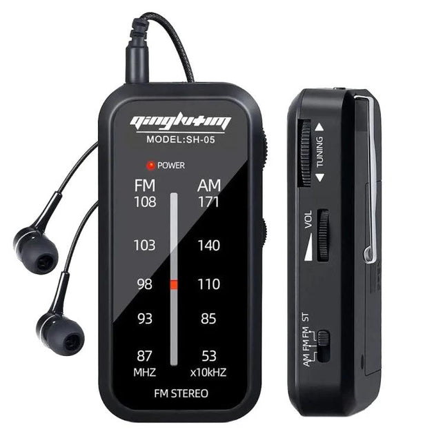 Compact FM/AM Radio for On-the-Go Listening with Clip — black portable radio with earphones and metal back clip