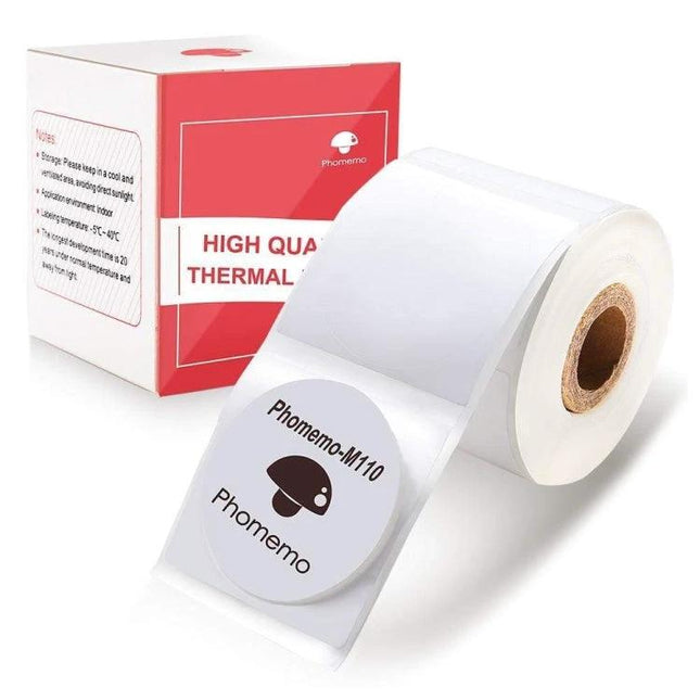 Phomemo Round Thermal Labels, 30x30mm Size, 200 per Roll - roll of white round thermal stickers with packaging box