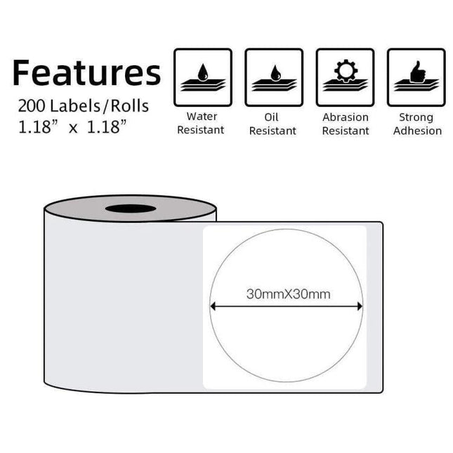 Phomemo Round Thermal Labels, 30x30mm Size, 200 per Roll — roll of 200 water, oil and abrasion resistant 30mm round thermal adhesive labels