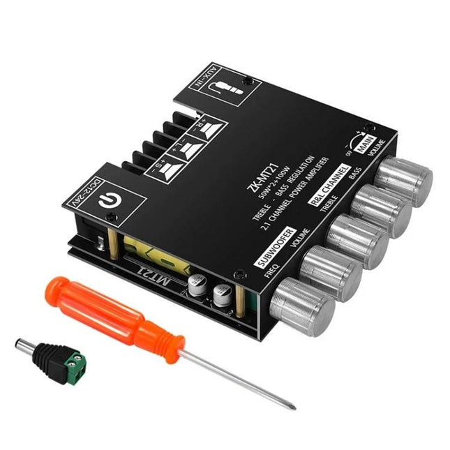 ZK-MT21 Bluetooth Amplifier for Home Audio Systems compact black Bluetooth 5.0 amp with knobs, AUX and screwdriver included