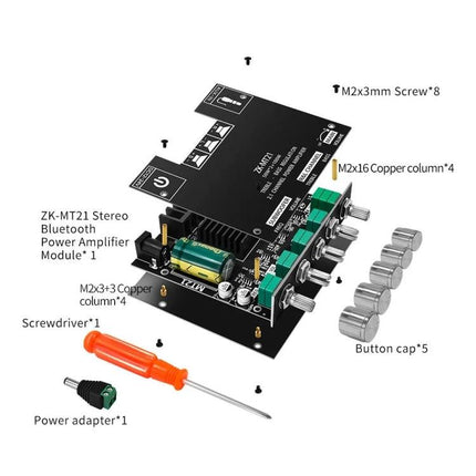 ZK-MT21 Bluetooth Amplifier for Home Audio Systems with components laid out (PCB, knobs, screwdriver, power adapter)