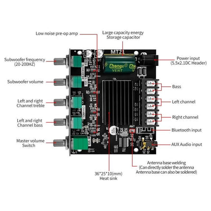 ZK-MT21 Bluetooth Amplifier for Home Audio Systems labeled PCB showing controls, inputs, heat sink and connector layout