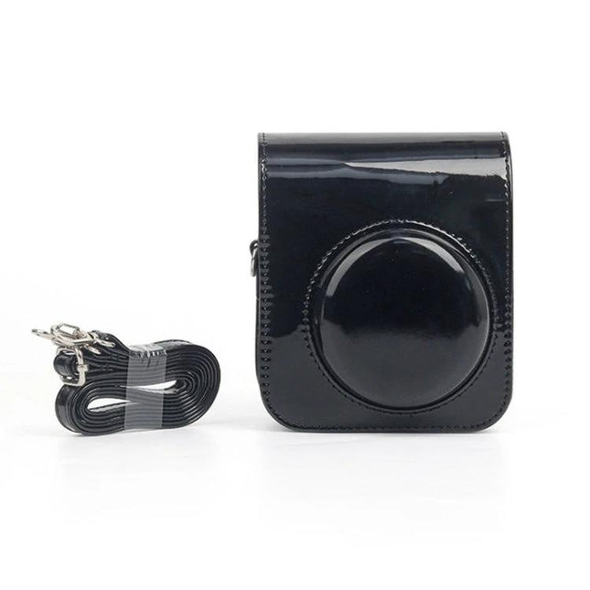 Stylish Protective Bag for Fujifilm Instax Mini12 Camera in glossy black PU with detachable strap, protective molded lens cover