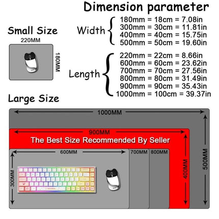 Extra Large Abstract Mouse Pad for Gaming and Office Use - dimension chart showing small and large sizes (220x180mm to 1000x500mm)
