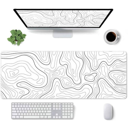 Extra Large Abstract Mouse Pad for Gaming and Office Use - white contour topographic desk mat with keyboard, mouse, monitor and coffee