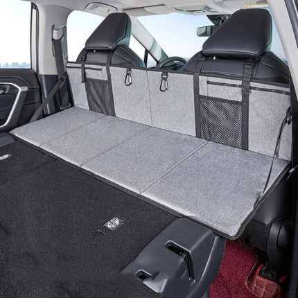 Car Camping Bed Folding Board For SUV Rear Row Gray Embossed installed flat across folded rear seats, gray embossed fabric with storage pockets