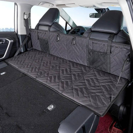 Car Camping Bed Folding Board For SUV Rear Row Gray Embossed installed in SUV, flat extendable gray embossed sleeping surface with storage pockets