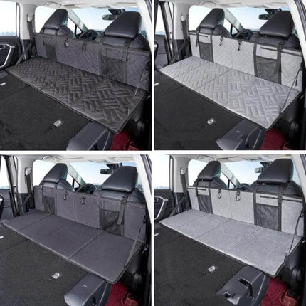 Car Camping Bed Folding Board For SUV Rear Row Gray Embossed shown installed across rear seats creating flat extendable sleeping and storage area