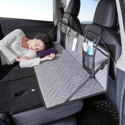 Car Camping Bed Folding Board For SUV Rear Row Gray Embossed set up in rear seat creating flat extendable sleeping surface with storage pockets