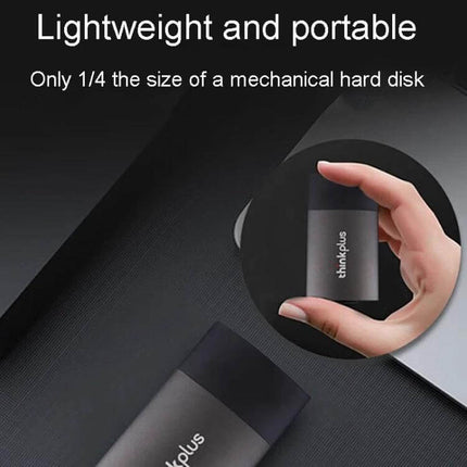 Lenovo Thinkplus 1TB Portable Solid State Storage Drive compact USB 3.1 SSD shown handheld, lightweight and portable for backups and file transfers
