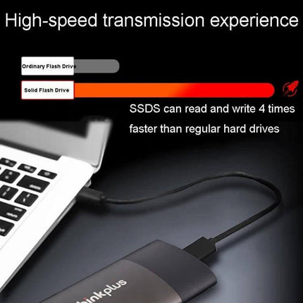 Lenovo Thinkplus 1TB Portable Solid State Storage Drive connected to laptop illustrating high-speed transmission and fast read/write performance