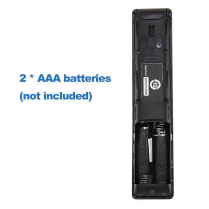 Samsung TV Remote Control for LCD, LED, and Plasma Models showing battery compartment requiring 2 AAA batteries (not included)