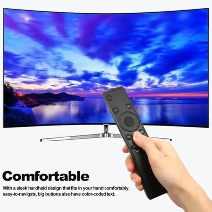 Samsung TV Remote Control for LCD, LED, and Plasma Models - sleek universal replacement remote in hand pointing at TV screen