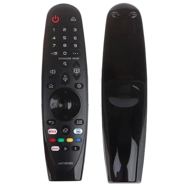 LG Ergonomic Handheld Infrared Remote for Smart TVs shown front and back, black replacement remote with navigation and media buttons