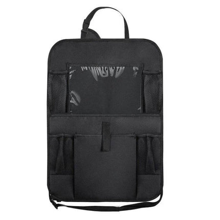 Car Seatback Organiser 600D Oxford Cloth For Travel - black slim organiser with transparent tablet pocket, mesh side pockets and storage pouches