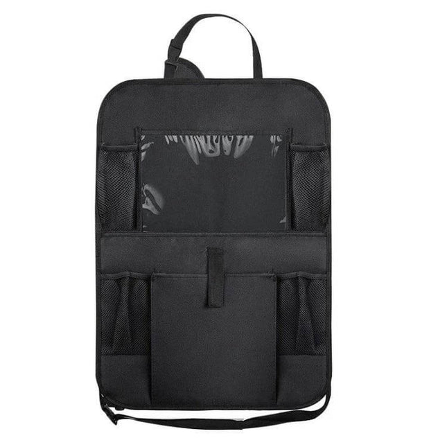 Car Seatback Organiser 600D Oxford Cloth For Travel - black slim organiser with transparent tablet pocket, mesh side pockets and storage pouches