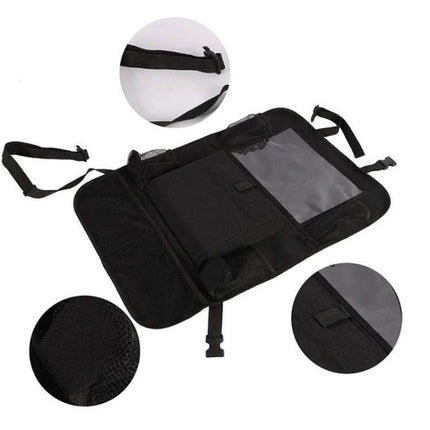 Car Seatback Organiser 600D Oxford Cloth For Travel - black slim car organiser with transparent tablet pocket, multiple mesh pockets and adjustable straps
