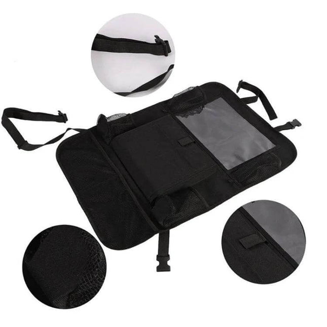 Car Seatback Organiser 600D Oxford Cloth For Travel - black slim car organiser with transparent tablet pocket, multiple mesh pockets and adjustable straps