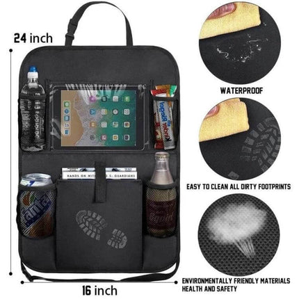 Car Seatback Organiser 600D Oxford Cloth For Travel with clear tablet pocket, multiple storage pouches, waterproof, slim 41x61cm back seat organiser