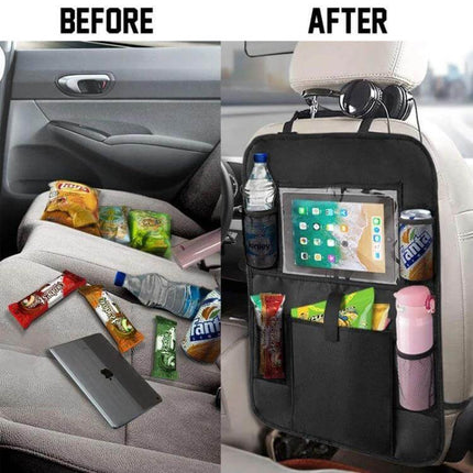 Car Seatback Organiser 600D Oxford Cloth For Travel - slim waterproof backseat organiser with tablet pocket, bottle holders, toy and snack storage, family travel