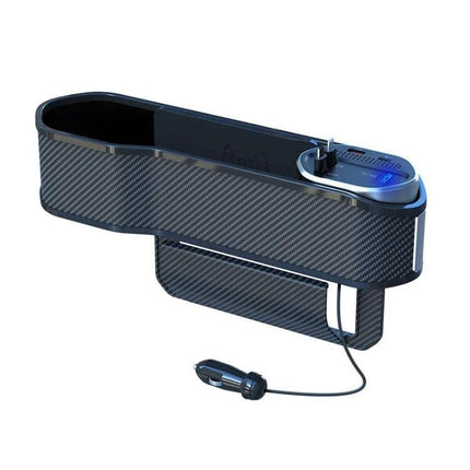 Digital Display Multifunctional Car Seat Gap Storage Box With Wireless Charging showing carbon-fiber finish, wireless charger pad, USB port and cigarette plug