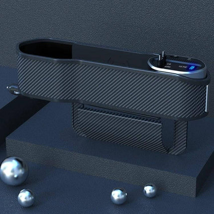 Digital Display Multifunctional Car Seat Gap Storage Box With Wireless Charging in carbon fiber finish showing digital display and wireless charging dock