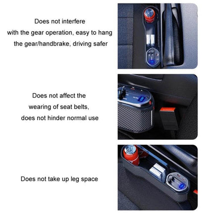 Digital Display Multifunctional Car Seat Gap Storage Box With Wireless Charging neatly installed between seats showing phone, cup, and wireless charger
