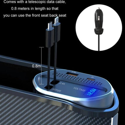 Digital Display Multifunctional Car Seat Gap Storage Box With Wireless Charging showing digital voltage display, two USB ports and telescopic 0.8m cable