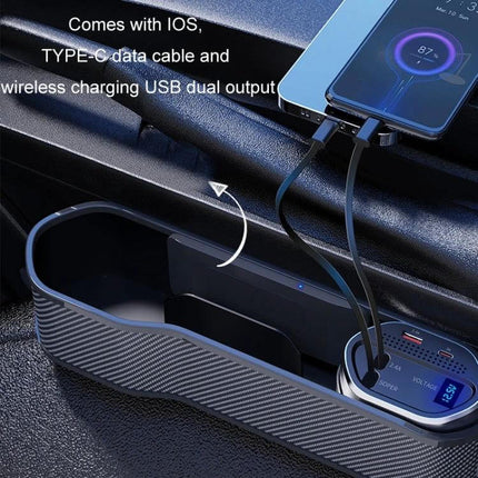 Digital Display Multifunctional Car Seat Gap Storage Box With Wireless Charging showing phone on wireless charging and USB dual output in car