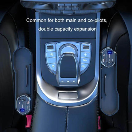 Digital Display Multifunctional Car Seat Gap Storage Box With Wireless Charging placed between seats showing compartments and wireless charging module