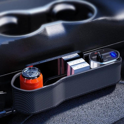 Digital Display Multifunctional Car Seat Gap Storage Box With Wireless Charging neatly organizing drinks, phones, cards and a wireless charger between seats