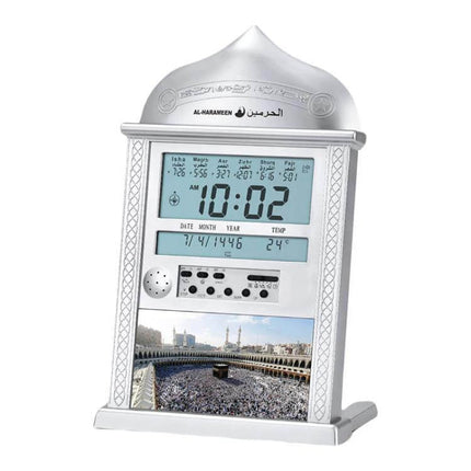 Desktop Perpetual Calendar Alarm Clock With Hijri Calendar showing time, date, temperature and Azan alerts with Kaaba image