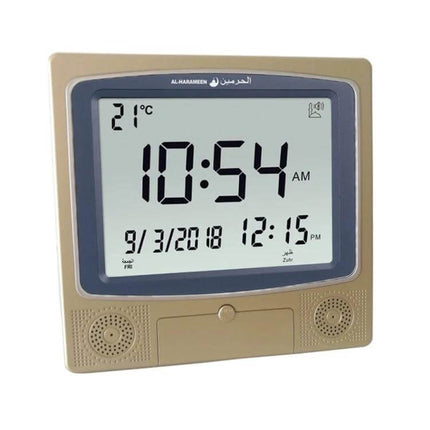 Desktop Digital Perpetual Calendar Study Alarm Clock With Hijri Calendar showing large digital time, date, Hijri and Gregorian display, temperature and dual alarms