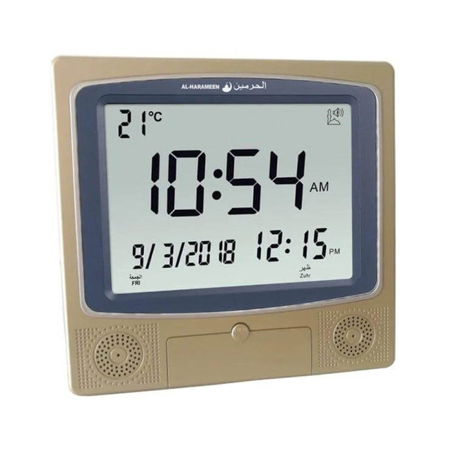 Desktop Digital Perpetual Calendar Study Alarm Clock With Hijri Calendar showing large digital time, date, Hijri and Gregorian display, temperature and dual alarms