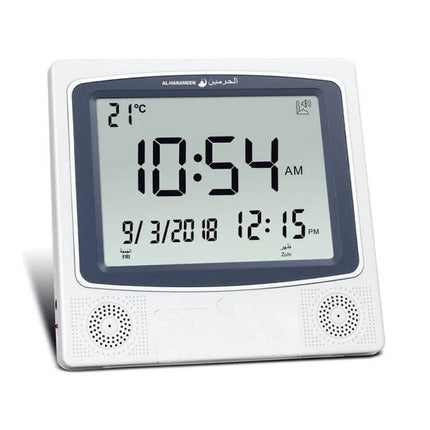 Desktop Digital Perpetual Calendar Study Alarm Clock With Hijri Calendar showing large digital time, date, Hijri/Gregorian display and temperature