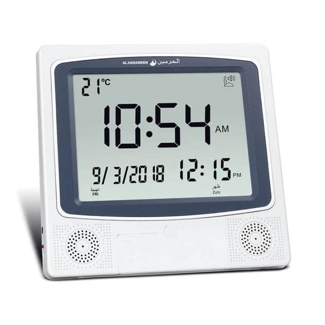 Desktop Digital Perpetual Calendar Study Alarm Clock With Hijri Calendar showing large digital time, date, Hijri/Gregorian display and temperature