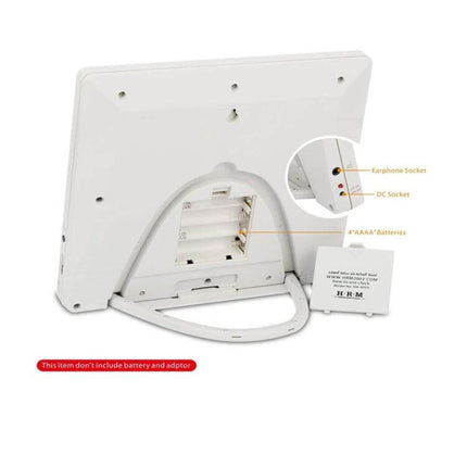 Desktop Digital Perpetual Calendar Study Alarm Clock With Hijri Calendar showing back battery compartment, DC socket, earphone jack and stand