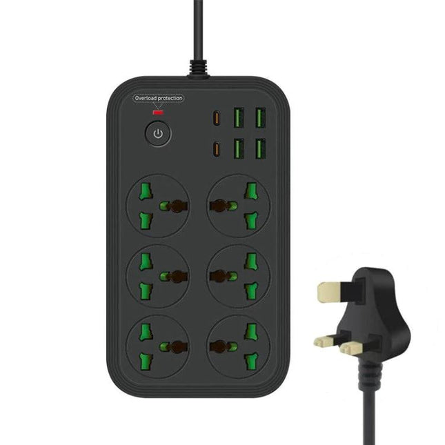 Flame-Retardant 2-Meter Extension Socket with USB Ports and Switch black power strip showing six universal outlets, four USB ports and on/off switch