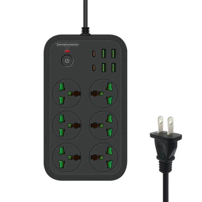 Flame-Retardant 2-Meter Extension Socket with USB Ports and Switch black power strip showing six outlets, four USB ports, power switch and 2m cord
