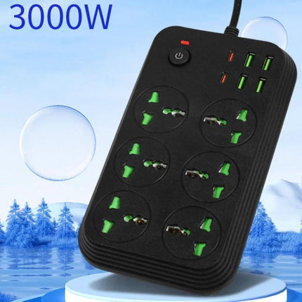 Flame-Retardant 2-Meter Extension Socket with USB Ports and Switch black 6-outlet power strip with 3 USB ports and on/off switch