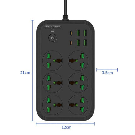 Flame-Retardant 2-Meter Extension Socket with USB Ports and Switch black 6-socket strip with 4 USB ports and power switch