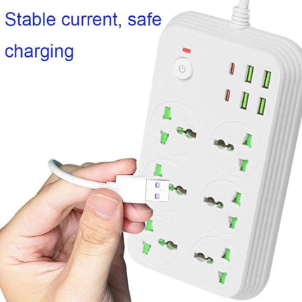 Flame-Retardant 2-Meter Extension Socket with USB Ports and Switch showing multiple outlets and USB charging ports in use