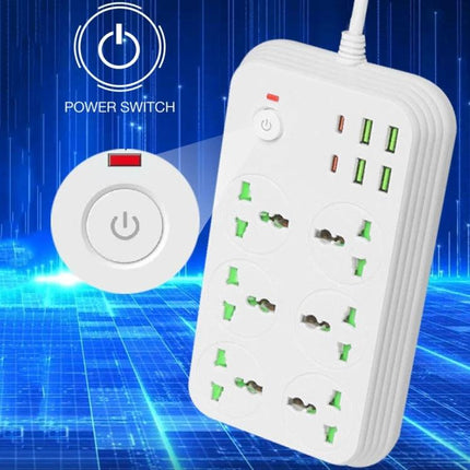 Flame-Retardant 2-Meter Extension Socket with USB Ports and Switch white power strip showing six outlets, four USB ports and on/off switch