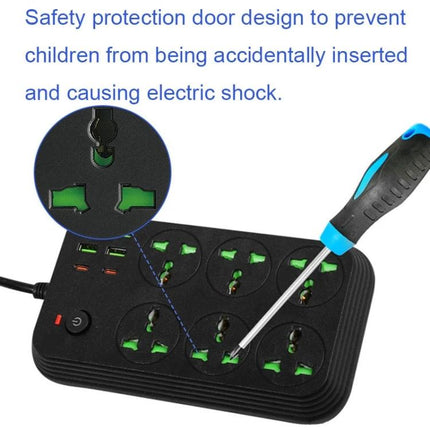 Flame-Retardant 2-Meter Extension Socket with USB Ports and Switch showing child-safety shuttered outlets, USB ports and power switch